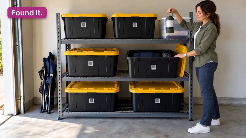 Still from the how-it-works video: in a garage, a person holds up a camping lantern beside a shelf of black-and-yellow bins, each with a QR label, one of them open