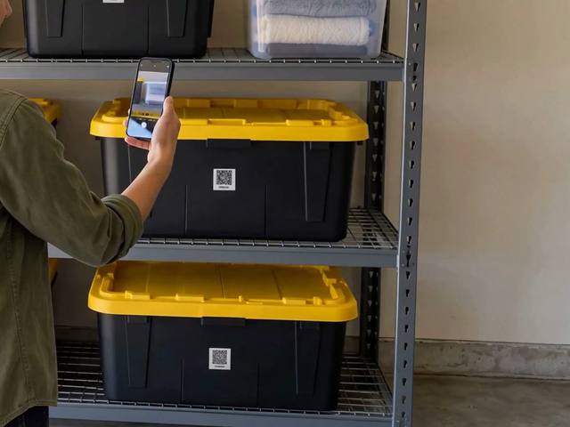 A phone held up to the QR label on a bin on a garage shelf