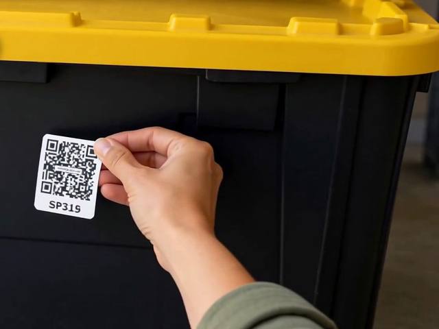 A hand pressing a QR label numbered SP315 onto a black storage bin with a yellow lid
